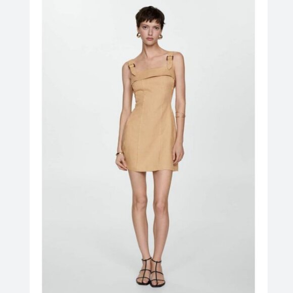 Mango Linen Cream Dress with Buckle Straps – Size 6, Lined - Picture 2 of 8